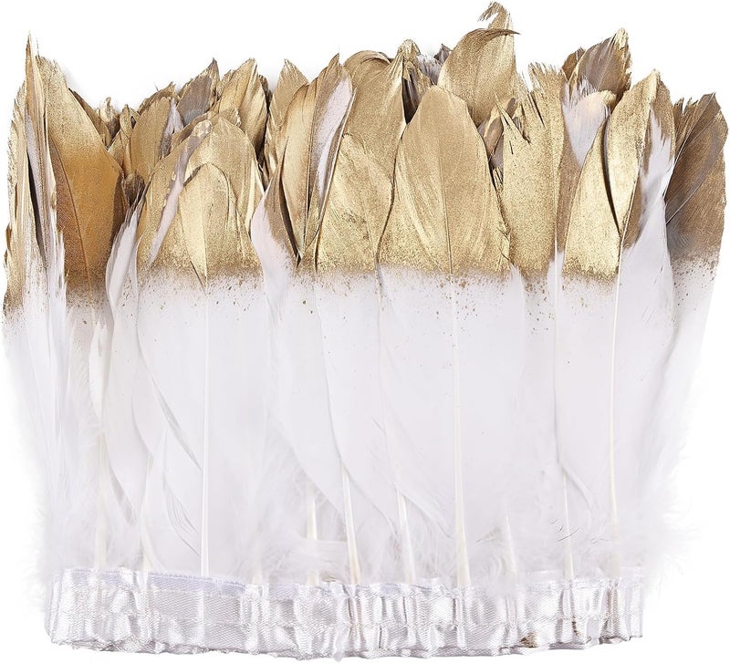 MAOFENG 2 Yards Natural Goose Feathers Trim Sewing Fringe Fashion Dress Sewing 6-8inch for DIY Handicrafts Costumes Decoration,White Golden - Image 1